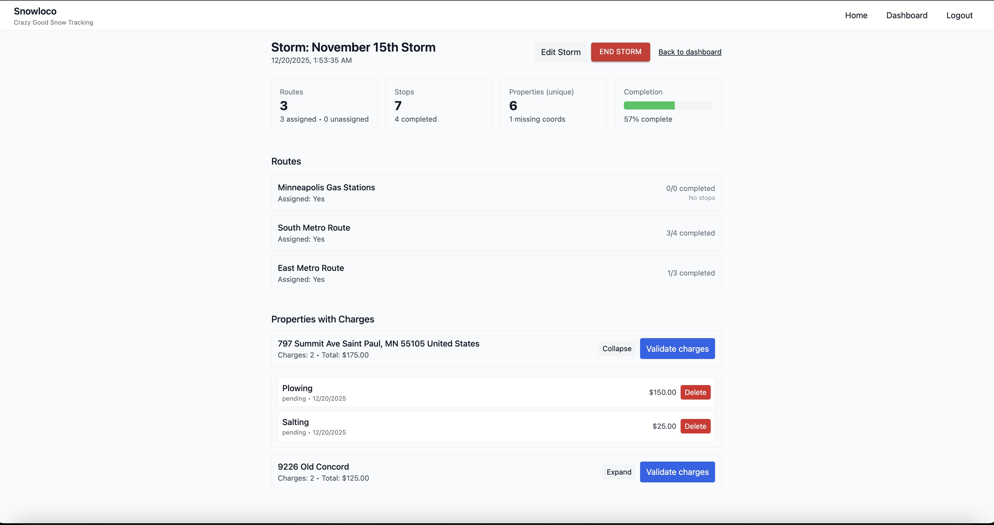 dashboard with route details